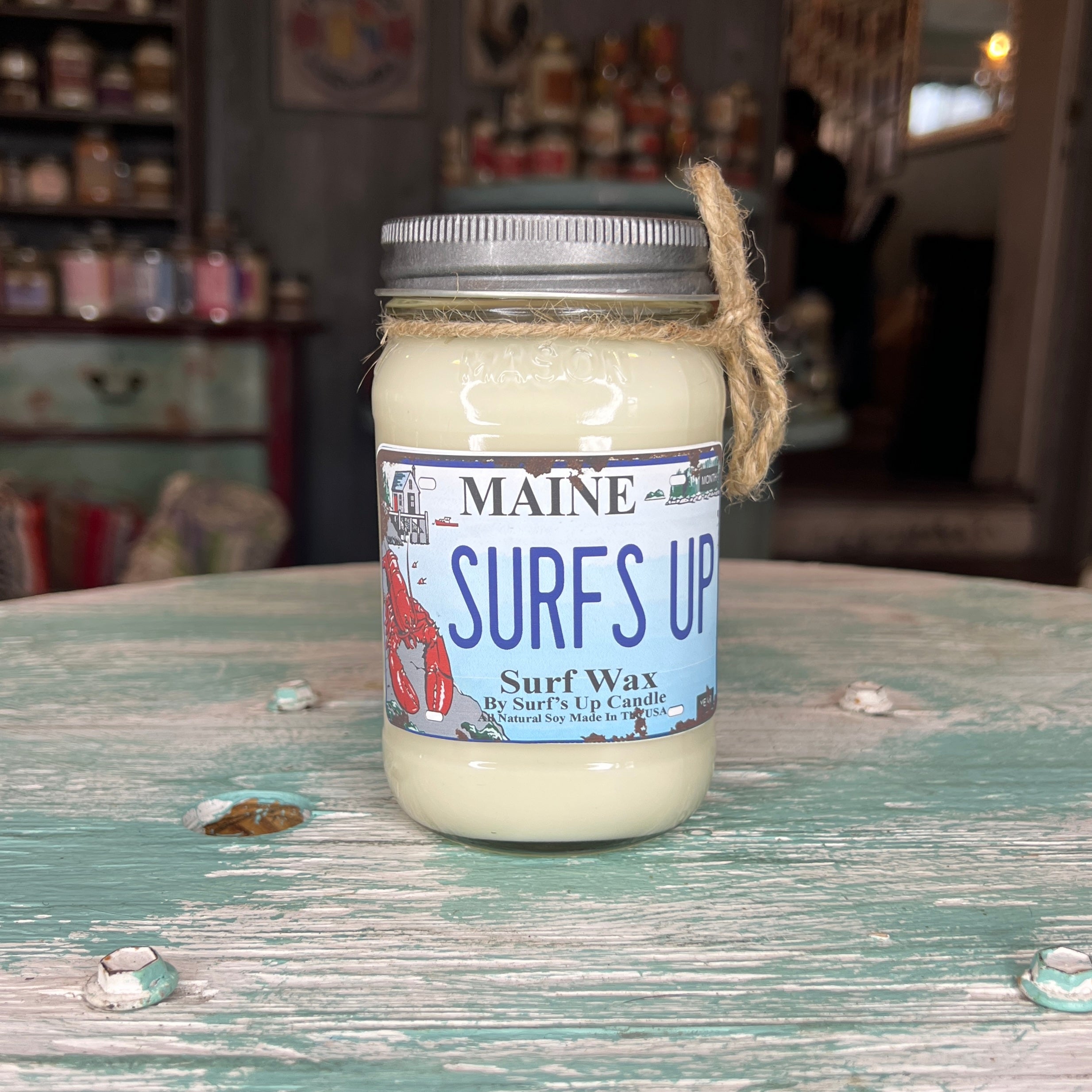 Maine License Plate Surf Wax Mason Jar Candle